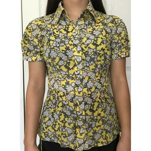 100% Silk Badgley Mischka Yellow Gray 729 Floral Women Blouse Size Petites 2 NWT - Picture 1 of 12